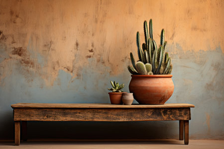 Cactus in pot on wooden shelf on grunge wall background.の素材