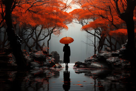 Woman with umbrella in the forest, 3d rendering. Computer digital drawing.の素材