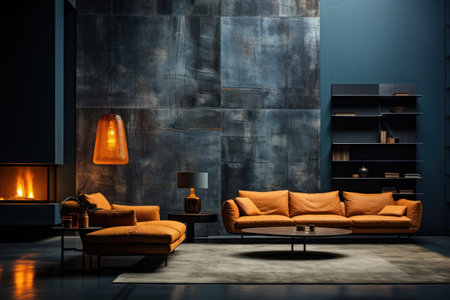 Modern black living room with orange sofa and fireplace. 3d renderingの素材