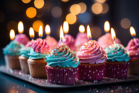 Birthday cupcakes with burning candles on dark background, closeupの素材