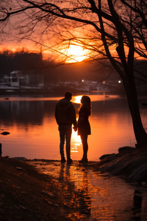 Couple in love at sunset by the lake. Love concept.の素材