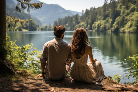 Young couple sitting on the edge of a mountain lake and looking at the mountainsの素材