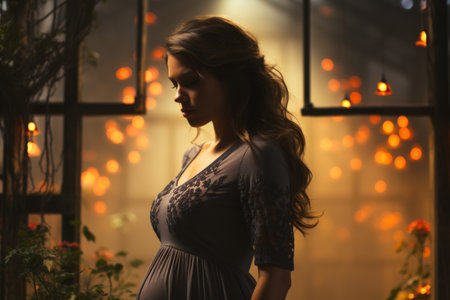 Beautiful pregnant woman standing by the window in the room at nightの素材