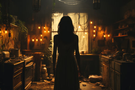 Girl in a long white dress stands in the old kitchen at nightの素材