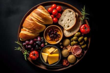 Antipasto with olives, cheese and bread on black background.の素材