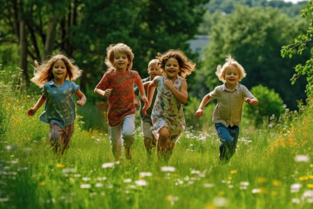 Group of happy kids running on the green meadow in summer.の素材