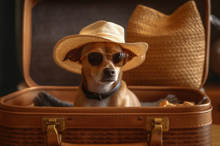 Chihuahua dog in hat and sunglasses sitting in travel suitcaseの素材