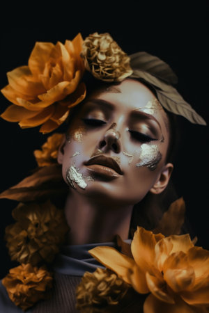 beautiful young woman with golden makeup and flowers on face isolated on blackの素材