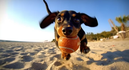 Dachshund playing with an orange ball on the beach.の素材