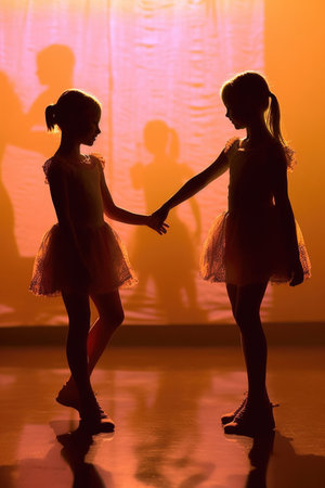 Silhouette of two little girls dancing ballet in studio on light backgroundの素材