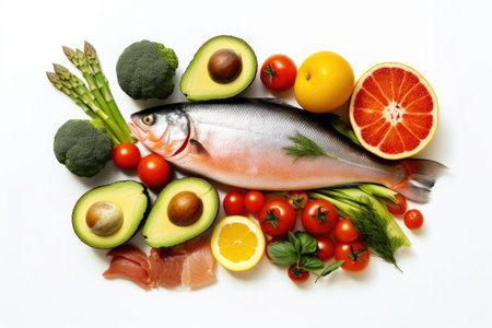 Healthy food. Fresh salmon, avocado, tomatoes, asparagus and lemon on white backgroundの素材