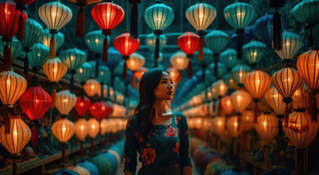 Beautiful asian woman in cheongsam dress with lanterns in the night.の素材