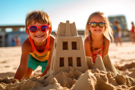 Kids building sand castle on beach. Children having fun on summer vacation.の素材