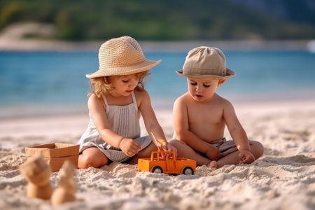Two adorable little kids playing with toy car on tropical beach. Summer vacation conceptの素材