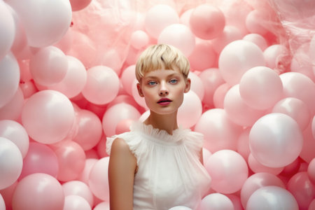 Fashion portrait of a beautiful blonde girl in a white dress with pink balloonsの素材