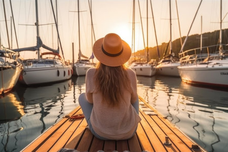 A girl in a straw hat sits on a wooden pier and looks at the yacht marina.の素材