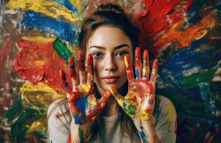 Portrait of a beautiful young woman with hands painted in bright colorsの素材