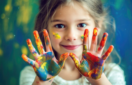 Portrait of a cute little girl showing her hands painted in bright colorsの素材