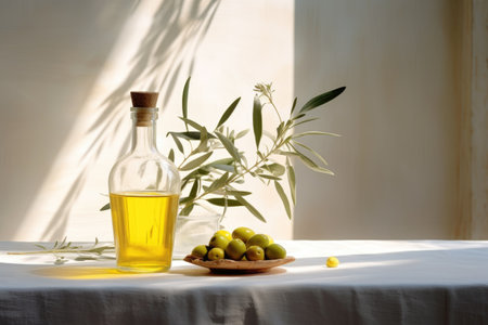 Olive oil in a bottle and olives on a table.の素材