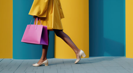 Fashionable woman in yellow coat and high heel shoes with shopping bags on colorful backgroundの素材