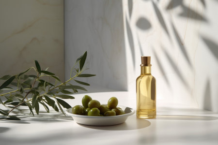 Olive oil in a glass bottle with green olives and olive branches on a white tableの素材