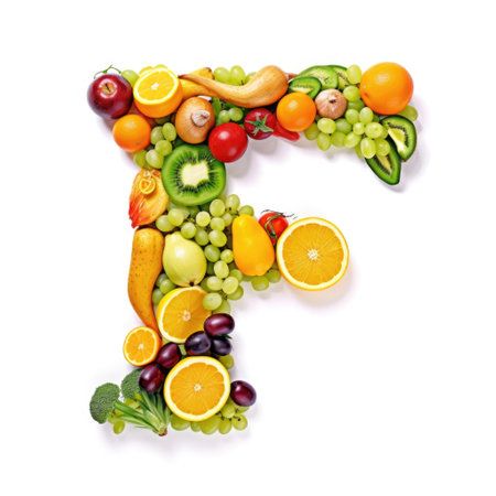 Letter F made of fresh fruits and vegetables, isolated on white backgroundの素材