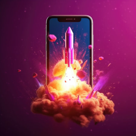 Rocket launch from a smartphone. Concept of business startup. 3d renderingの素材