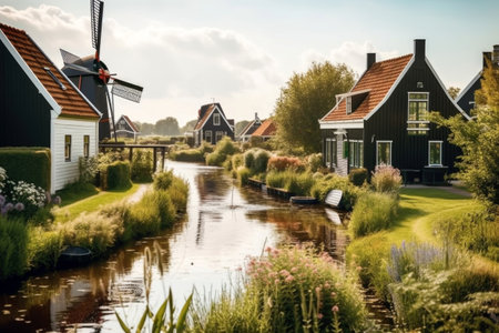Traditional dutch windmills and canal in Zaanse Schans, Netherlandsの素材