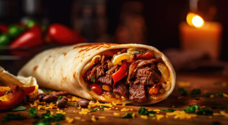 Traditional mexican burrito with beef and vegetables on dark backgroundの素材