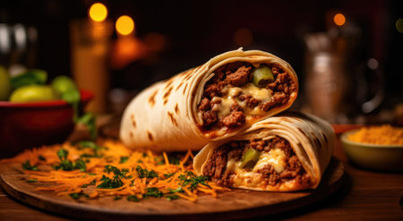 Mexican tortilla wrap with ground beef, cheese and vegetables.の素材