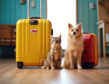 Cute cat and dog with suitcases on the floor at homeの素材