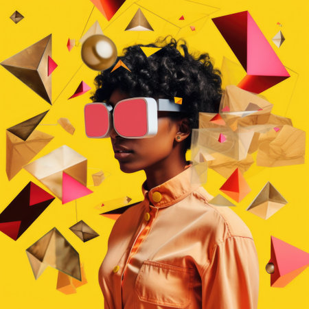 Beautiful african american woman with afro hairstyle wearing 3d glasses on yellow backgroundの素材