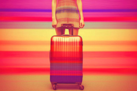 Woman with suitcase on colorful stripes background. Travel and vacation concept.の素材