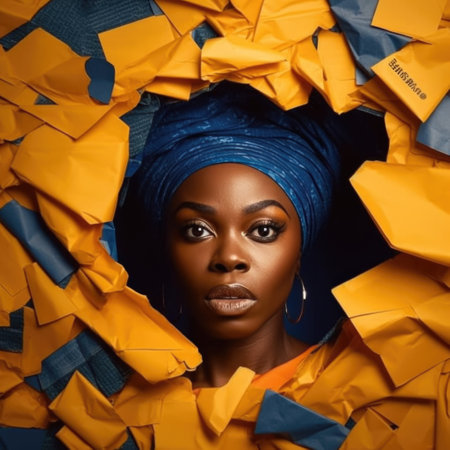 Beautiful african american woman in blue turban looking through hole in paperの素材