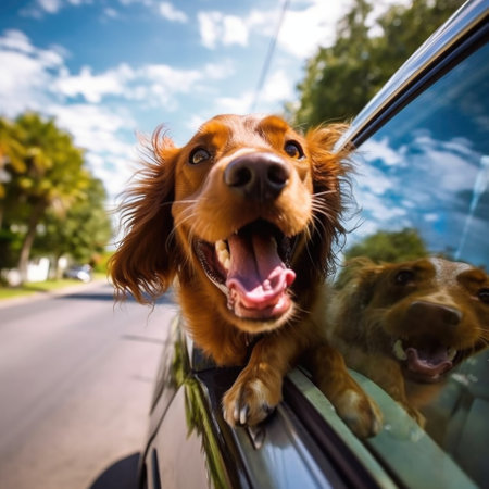 Dachshund dog sticking out of the car window and looking at the cameraの素材