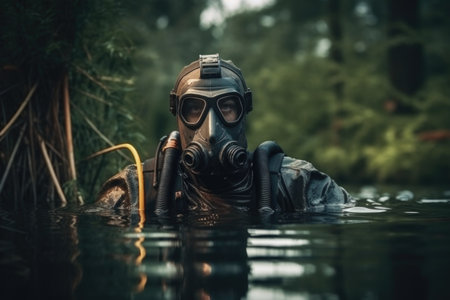 Portrait of a man in a gas mask swimming in the waterの素材