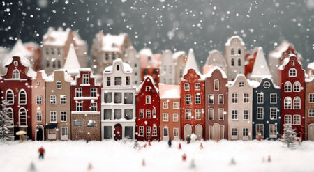 Winter cityscape with houses and snowfall. 3D illustration.の素材