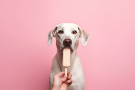 Labrador retriever with ice cream on a stick on a pink backgroundの素材
