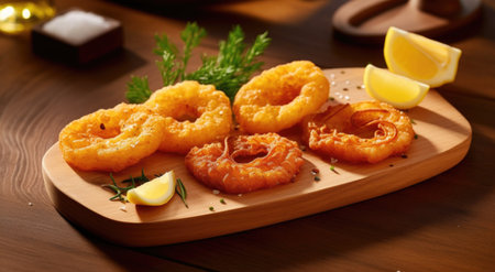 Fried calamari rings with lemon and herbs on a wooden boardの素材