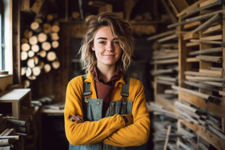 portrait of smiling female carpenter standing with crossed arms in workshopの素材