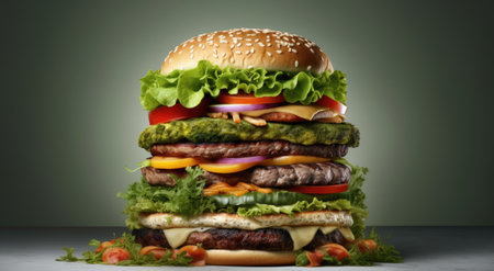 Big hamburger with vegetables on gray background. 3d illustration.の素材
