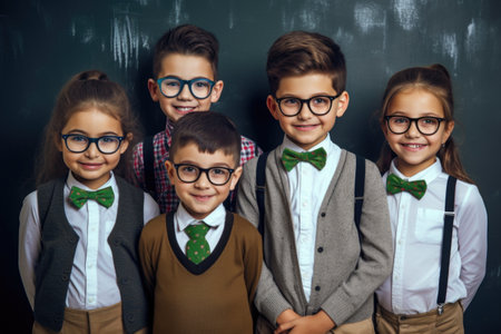 Portrait of a group of schoolchildren standing together against blackboardの素材