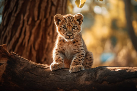 Little lion cub sitting on a log in the forest. Wildlife scene from nature.の素材
