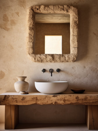 Interior of a modern bathroom with stone walls and wooden floor.の素材