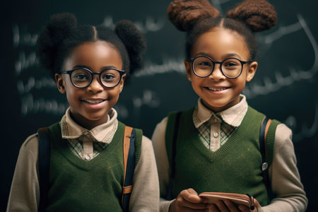 Cute african american schoolgirl in eyeglasses and backpack looking at cameraの素材