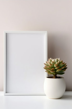 White frame mockup with succulent plant in vase on white tableの素材
