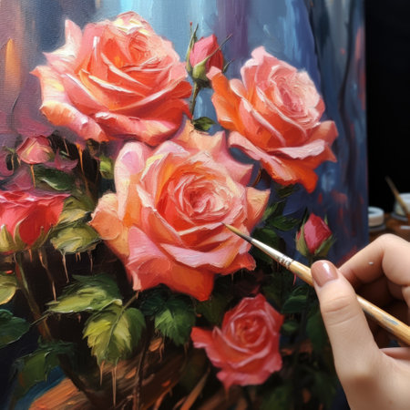 Painting a bouquet of roses with a paintbrush on canvasの素材
