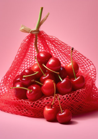 Cherries in a red mesh bag on a pink background.の素材