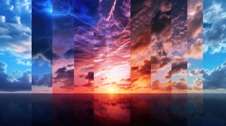 Sunset sky with clouds reflected in water, 3d render illustrationの素材