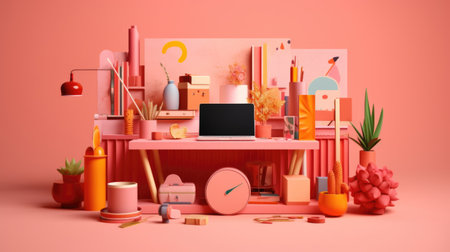3d render of workspace with laptop and stationery in pink colorの素材
